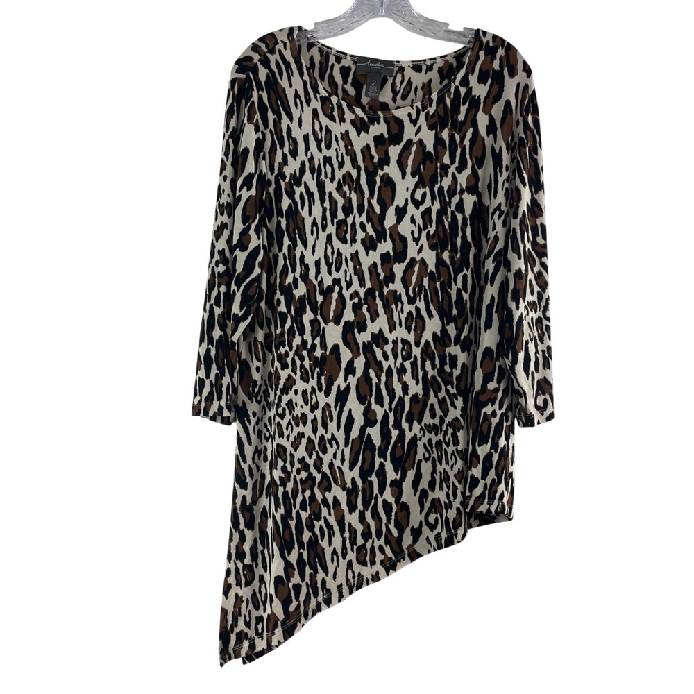 Travelers by Chico's Leopard Print Asymmetrical Tunic Top Size 2 Large Brown Tan